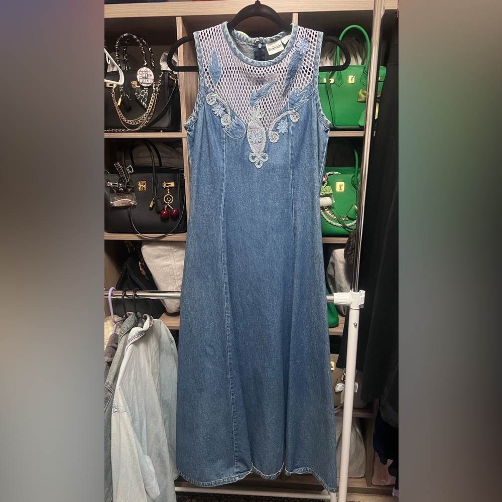 Elegant Blue Denim Maxi Dress with Lace & Embroidery [Newport News]